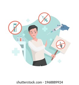 Frightened man afraid of vaccination vector flat illustration. Scared male character against vaccination from different diseases and viruses. Immunity health, anti vaccination agent concept.