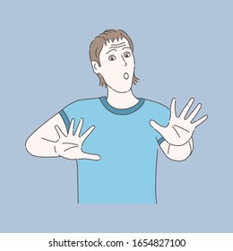 Frightened man with arms in front of him vector cartoon illustration. Man in panic, hysterical guy, emotional troubles outline character. Mental disorder, psychology problem concept.