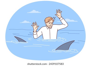 Frightened man in business shirt is in water with sharks and raises hands out of panic. Guy in office clothes with predatory fish symbolizes unfriendly environment in company team. Flat vector design