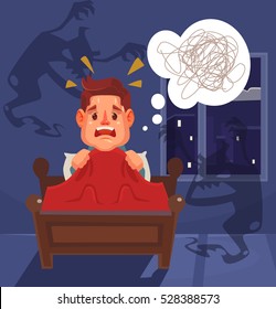 Frightened Man Character And Nightmare Ghost. Vector Flat Cartoon Illustration