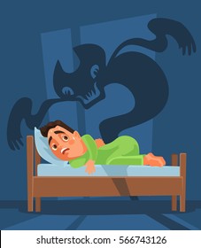 Frightened man character woke up and nightmare ghost. Vector flat cartoon illustration