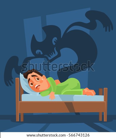 Frightened man character woke up and nightmare ghost. Vector flat cartoon illustration