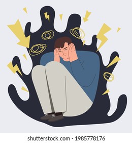 A frightened man crouched in fear. Phobia, panic attack, psychiatric or psychological problems. Mental health or disorder concept. Hand drawn vector colorful cartoon style illustration
