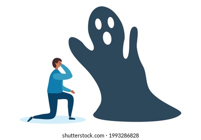 Frightened man in the face of fears. Fear prevents you from moving forward. Fears and limitations in the head, in thoughts, in the brain. Concept of psychology and complexes. Flat