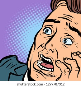 A frightened man, fear and terror. face close-up. Comic cartoon pop art retro vector illustration hand drawing