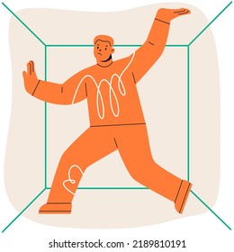 Frightened man feels cramped in closed space. The concept of claustrophobia. Colorful vector illustration