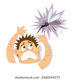 Frightened man looking at giant mosquitoes. Illustration, Vector,  Poster, Background or wallpaper.