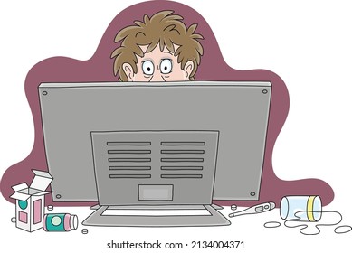 Frightened man in a panic hiding behind his computer monitor after reading breaking news on a website, vector cartoon illustration on a white background