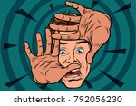 frightened man is protected by hands. Pop art retro vector illustration