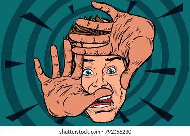 frightened man is protected by hands. Pop art retro vector illustration