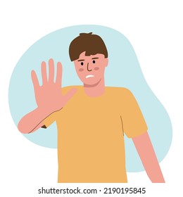 The frightened man puts his hand forward. Stop gesture. Human emotion. flat vector