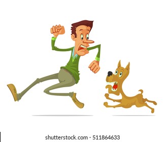 Frightened Man Run Away From Angry Dog, Cartoon