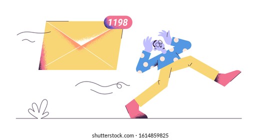 A frightened man is running away from  emails chasing him. Modern character design. Vector illustration.