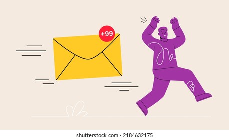 A frightened man is running away from emails chasing him. Vector illustration
