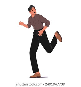 Frightened Man Running Away In Panic. Image Captures A Dramatic Moment Of Fear And Urgency, Highlighting Male Character Emotions Of Anxiety And Distress. Cartoon People Vector Illustration