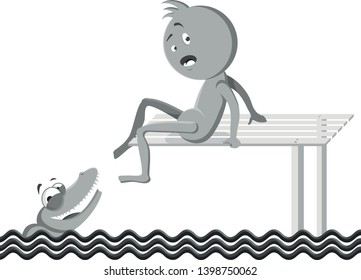 A frightened man saw a crocodile