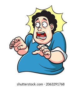 Frightened man. Scared Facial Expression. Shocked Guy Holding Hands Upwards. Negative. Vector illustration cartoon style.
