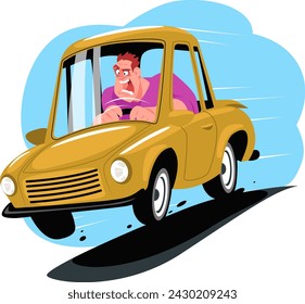 Frightened man sitting behind wheel of fast moving car, driver exceeded speed limit of car on road. Stock vector illustration