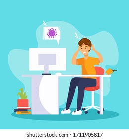 Frightened man sitting at a computer and reading news about the coronavirus pandemic outbreak. Or he receive positive tests result. Stress from information pollution concept. Vector cartoon character