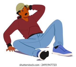 Frightened Man Sitting On The Floor With A Look Of Shock And Distress. Character Wears Casual Clothes, Including A Hoodie, Cap, And Jeans, And Appears To Be Deeply Scared. Cartoon Vector Illustration