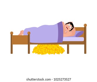 Frightened Man sleeps on bed. Bitcoins under bed. had terrible dream. Vector illustration.
