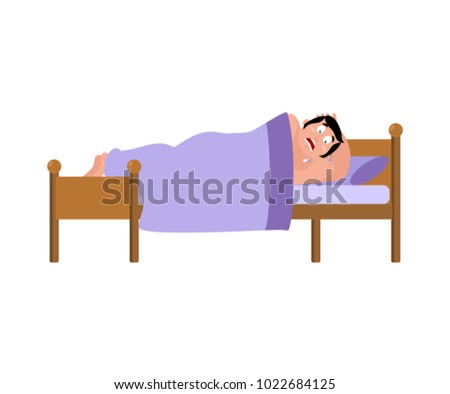 frightened Man sleeps on bed. had terrible dream. Vector illustration.