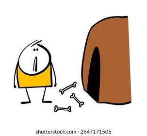 Frightened man stands in front of the cave and looks at the gnawed bones. Vector illustration of the dwelling of a wild beast or man-eater. The cartoon stickman is in danger and needs help.