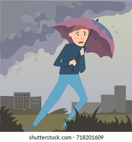 a frightened man with an umbrella got hit by a hurricane, ecological catastrophe
