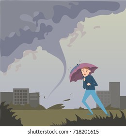 a frightened man with an umbrella got hit by a hurricane, ecological catastrophe
