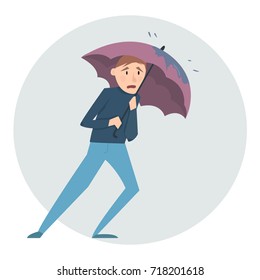 a frightened man with an umbrella got hit by a hurricane, ecological catastrophe
