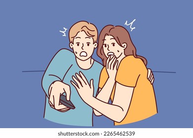 Frightened man and woman with TV remote control are shocked after watching scary movie with murders or monsters. Shocked couple gets scared while watching news on TV because of depressing forecasts  svg