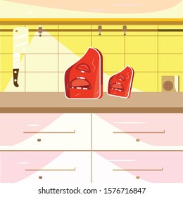 frightened meat pieces in kitchen 