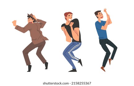 Frightened men set. Emotional people under stress. Panic attack, anxiety and phobia cartoon vector illustration