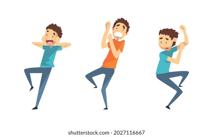 Hombres asustados montan, asustan y aterrorizan a la gente, el ataque de pánico, la ansiedad fobia, el concepto de crisis vectores de dibujos animados Ilustración