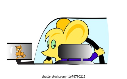 A Frightened Mouse Sees a Cat in the Reaview Mirror