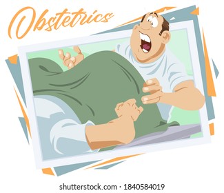 Frightened obstetrician takes delivery. Illustration for internet and mobile website. 