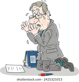 Frightened office employee lamenting about unsuccessful work, failure and injustice, vector cartoon illustration isolated on a white background