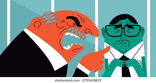 frightened office worker being yelled at and mistreated by his boss