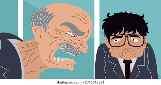 frightened office worker being yelled at and mistreated by his boss