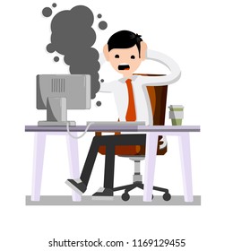 A frightened office worker shouts and holds his head looking at the monitor. A broken computer is Smoking. Virus and bug. The problem with the technique. Stress and man.
