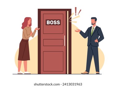 Frightened office workers dont want to enter boss office. Angry manager yells at workers. Unhappy exhausted scared employee. Workplace abuse. Stress at work. Cartoon flat vector concept