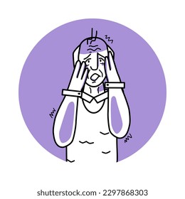 Frightened old man, emotion of fear, facial expression with gestures. Afraid grandfather with white hair, expressing her panic feelings. Purple vector circle icon.