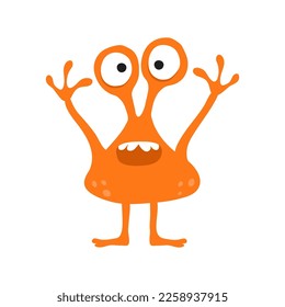 Frightened orange cartoon monster with bulging eyes like crab keeping mouth open and hands up over white background. Spooky fantasy character for children comics.