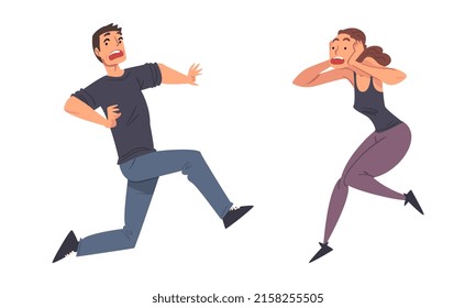 Frightened And Panicked People Set. Emotional Stressed Man And Woman Cartoon Vector Illustration