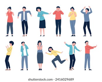 Frightened people. Afraid and terrified men and women. Adults have different emotions, nervous expression teens. Horrible emotional recent vector characters