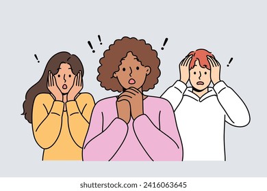 Frightened people feel fear after warnings of approaching storm or financial crisis causing mass layoffs. Multiethnic women and man with frightened grimaces experiencing shock and panic due to phobia