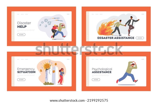 Frightened People Landing Page Template Set.\
Characters Escape from Destroyed City with Explode Buildings and\
Falling Bombs. Scared Mother with Baby on Hands Run Away. Cartoon\
Vector Illustration