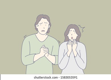 Frightened people, scared couple, shocked friends concept. Man and woman trembling with fear. Nervous guy sweating, clasping hands. Terrified lady panicking. Emotional tension. Simple flat vector