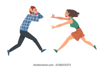 Frightened people set. Emotional man and woman under stress. Panic attack, anxiety and phobia cartoon vector illustration