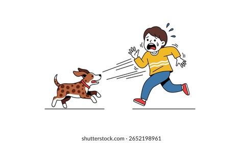 Uma pessoa assustada foge de um cachorro latindo agressivo perseguindo-o pela rua